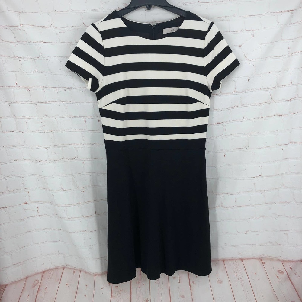 LOFT Black and White Striped Midi Dress